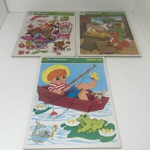 Vintage Frame Tray Puzzles Lot Of 3 Fishing Fun Fox And The Hound Gifts Santa